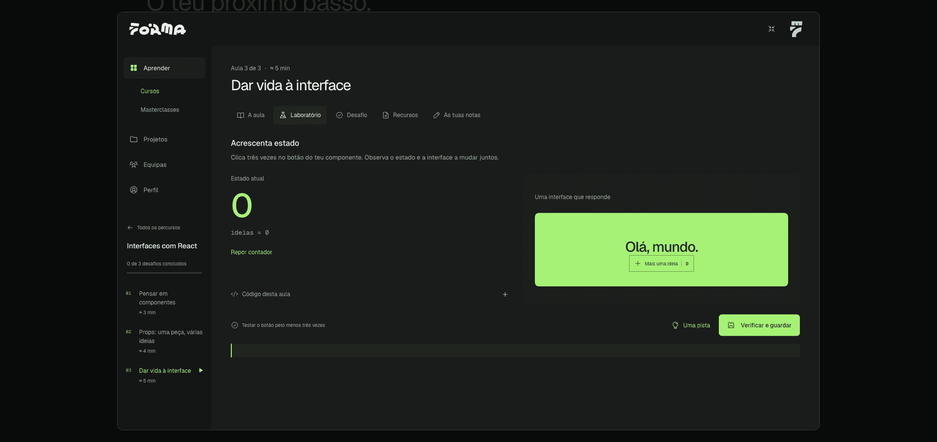 Laboratório de React na demonstração da Forma: personalização de uma interface e experimentação prática. Amostra da experiência em desenvolvimento, setembro de 2026.