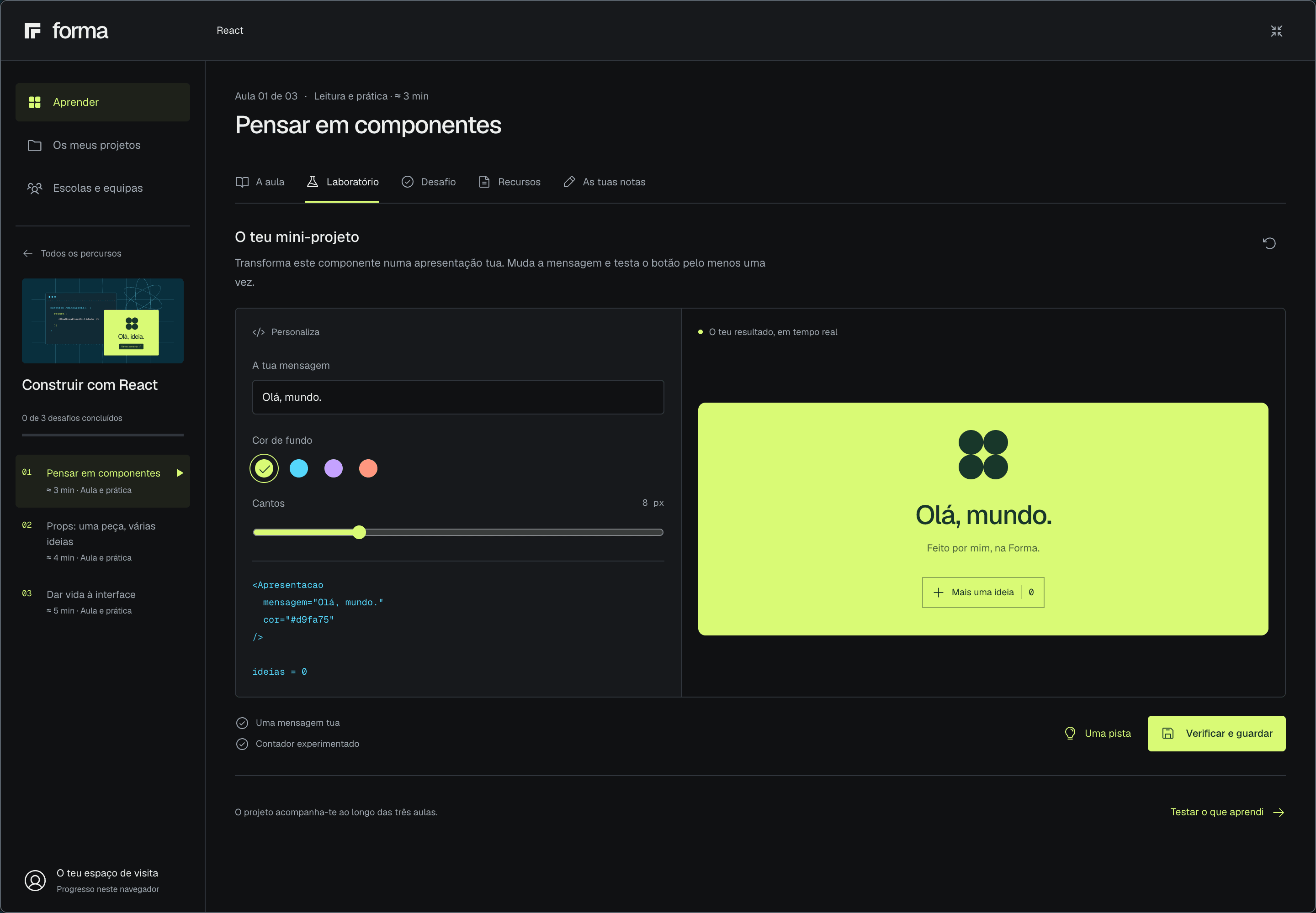 Laboratório de React na demonstração da Forma: personalização de uma interface e experimentação prática. Amostra da experiência em desenvolvimento, setembro de 2026.