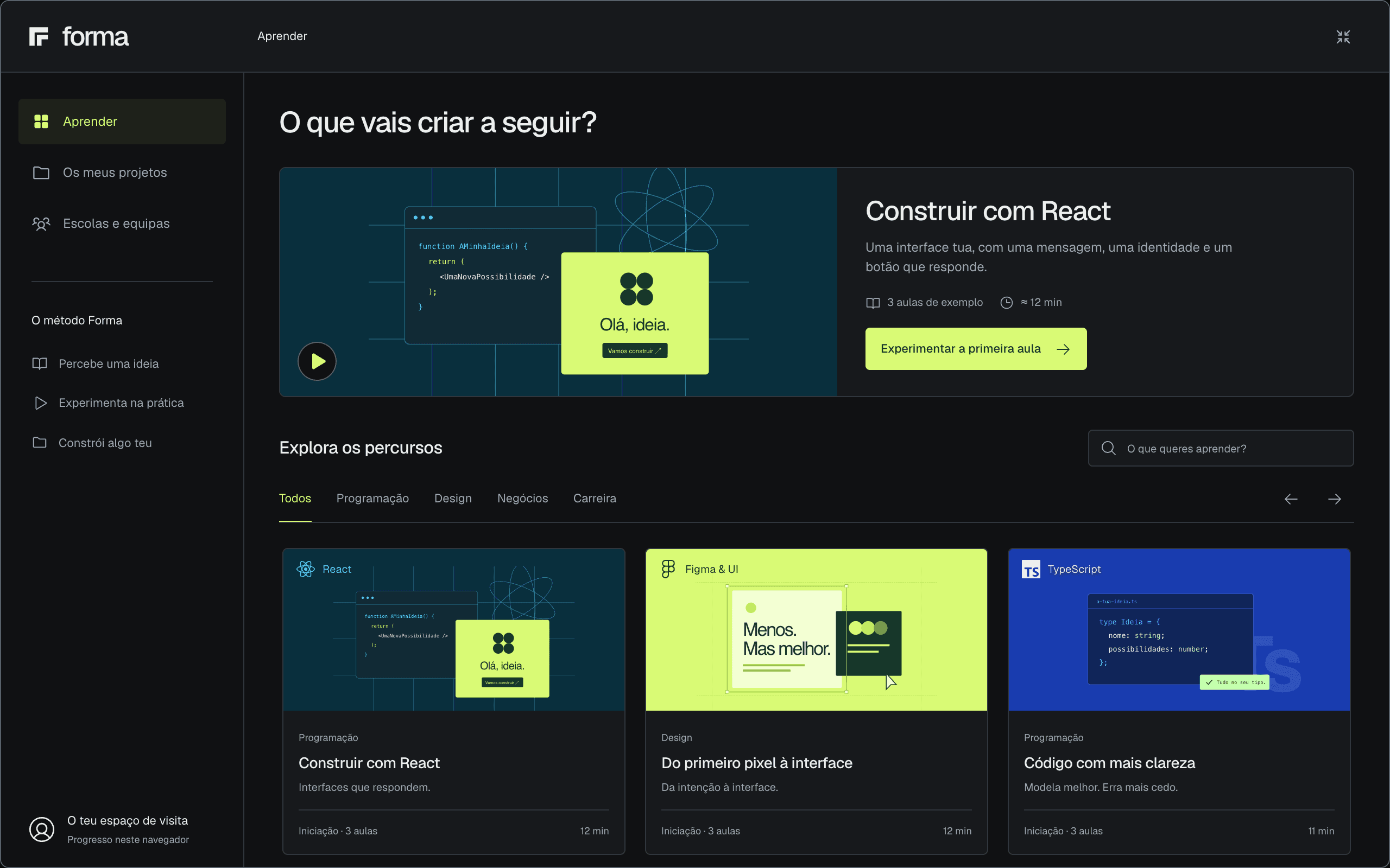 Demonstração conceptual da Forma: exploração de percursos de aprendizagem. Os cursos apresentados são exemplos em preparação. Setembro de 2026.